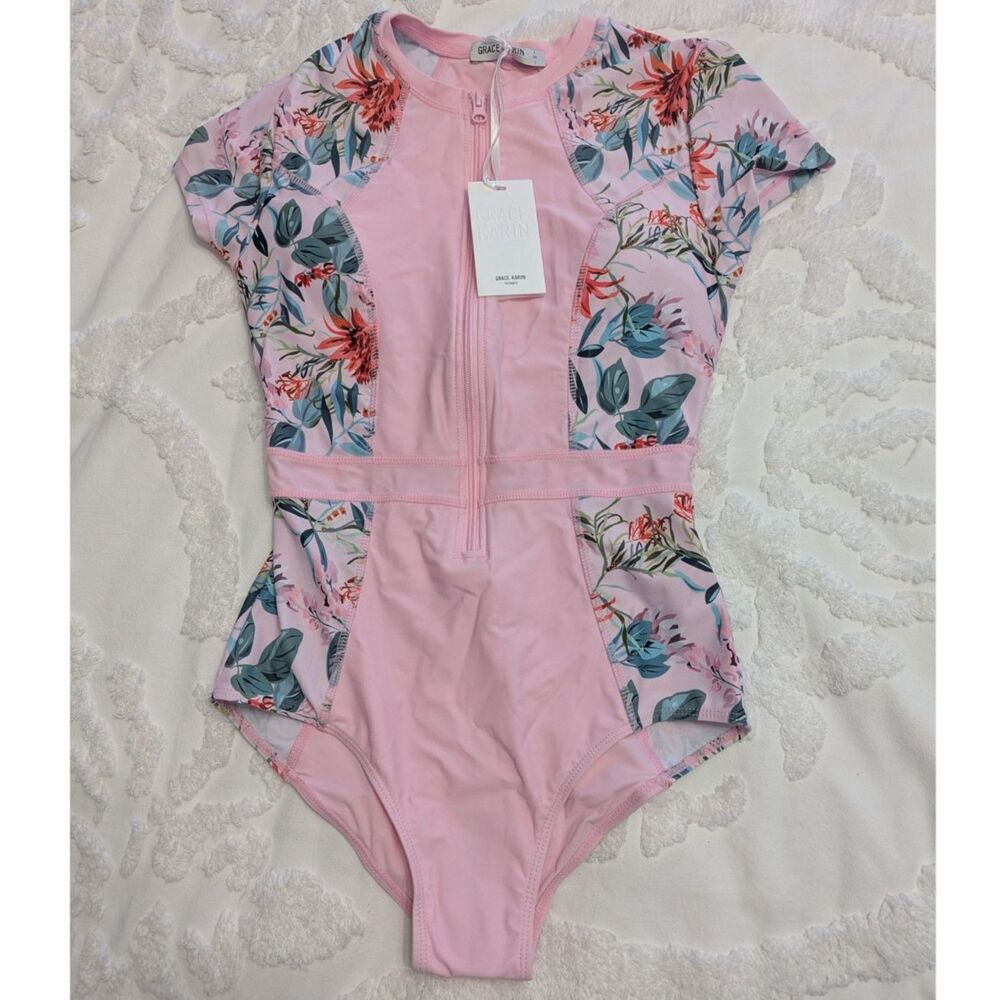 👙 Grace Karin Pink Floral One Piece Swimsuit Size S NWT